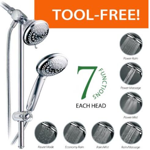 DreamSpa® Instant-Mount Drill-Free Height Angle Adjustable 36-Setting 3-Way Massaging Shower Head